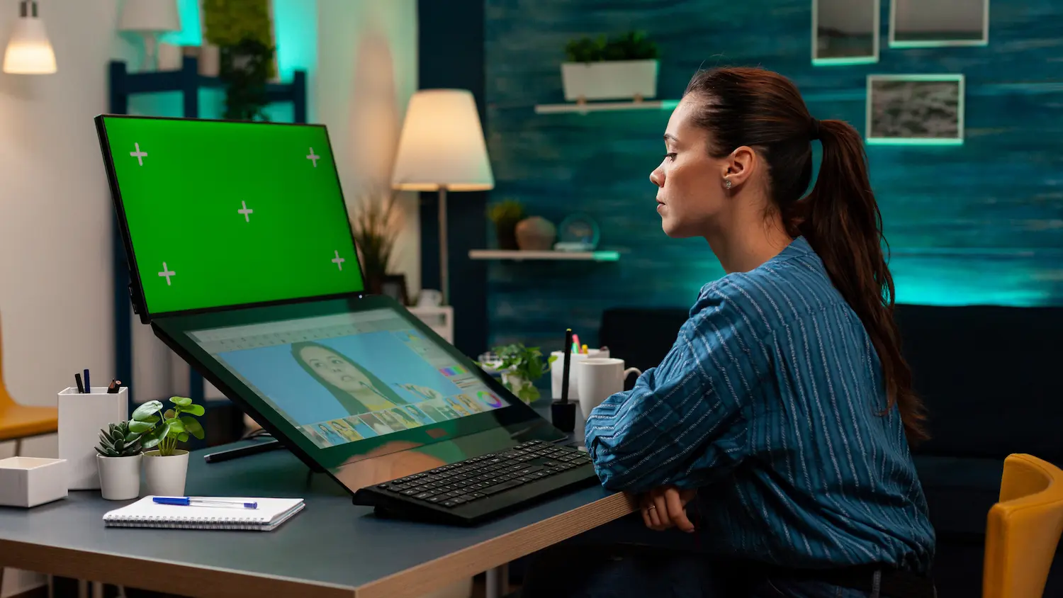 Editor working on green-screen footage at a computer