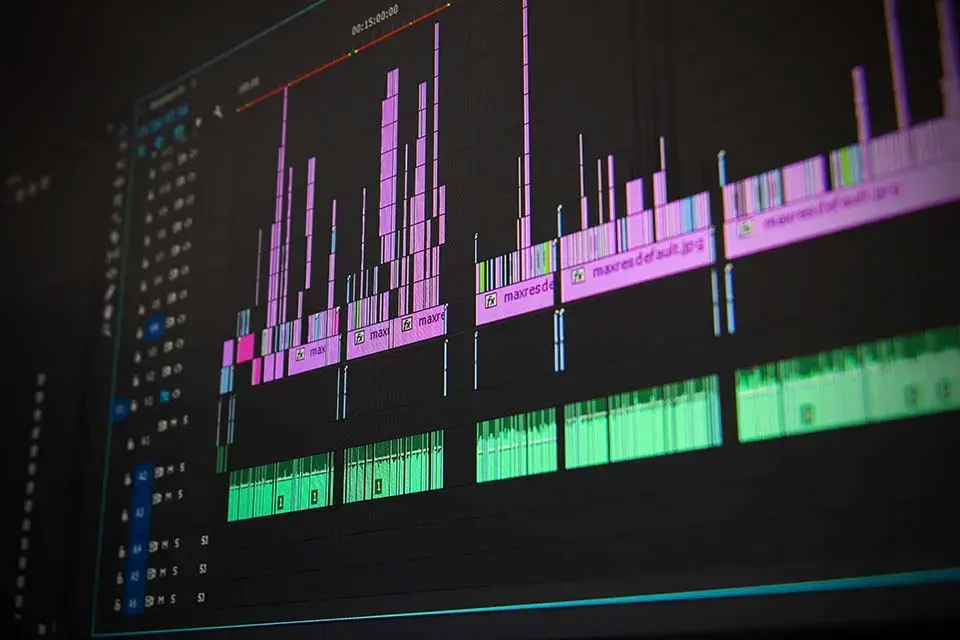 Editor assembling a rough cut on a timeline in the post-production suite